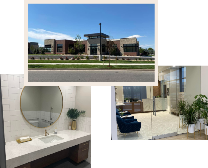 Collage featuring sink entrance and outside of Meridian dental office