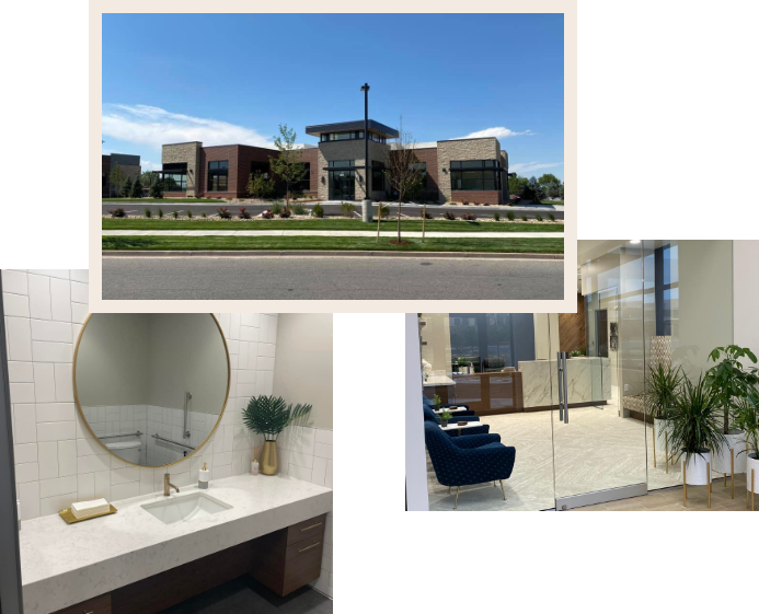 Collage featuring sink entrance and outside of Parker dental office