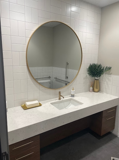 Sink and mirror in restroom