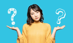 Woman shrugging with a question mark graphic hovering over both of her hands